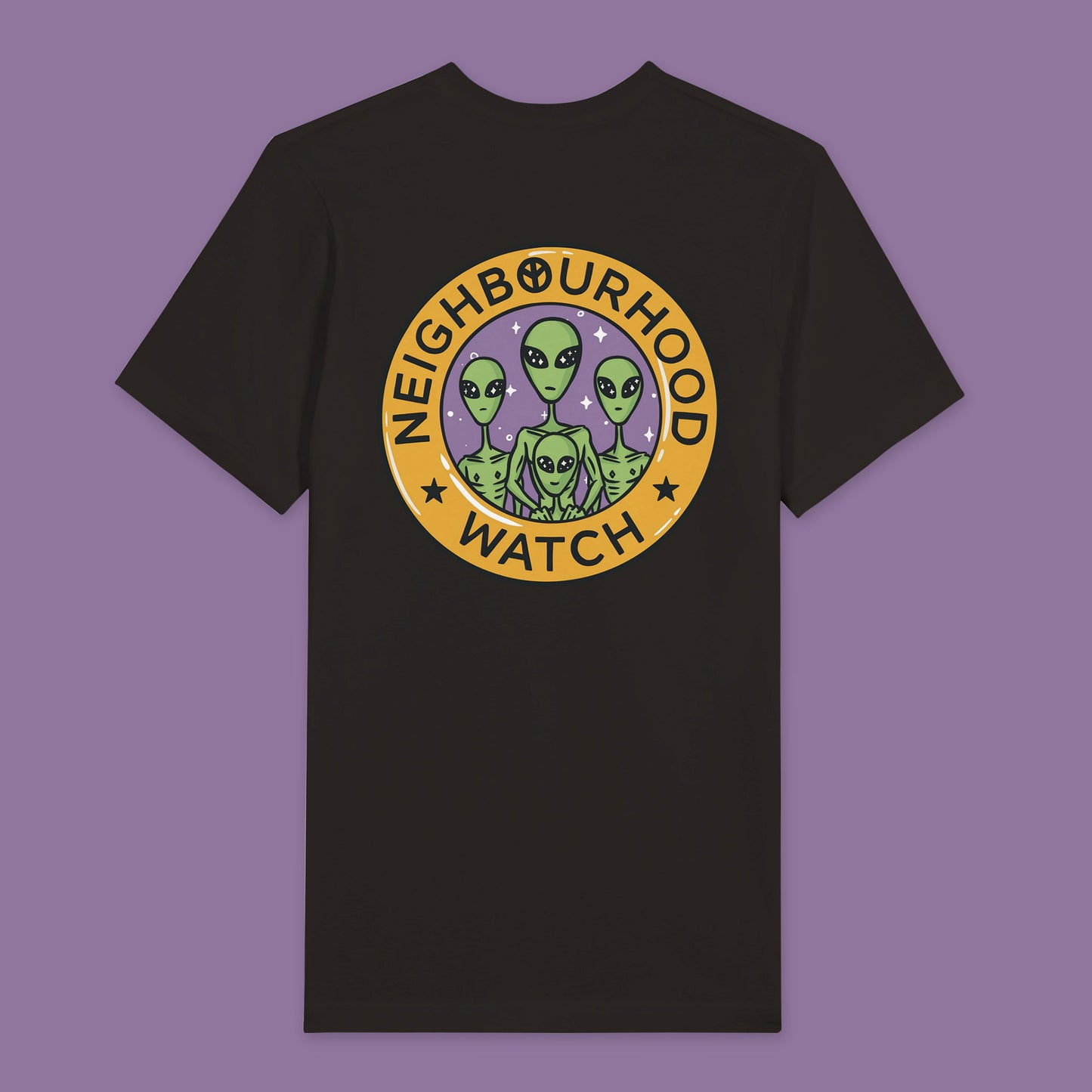 Back view of a Black t-shirt featuring a playful twist on the traditional Neighbourhood Watch poster. The front of the shirt displays a circular badge with a design of aliens instead of people. The badge is surrounded by the text 'Neighbourhood Watch' in a bold, eye-catching font.