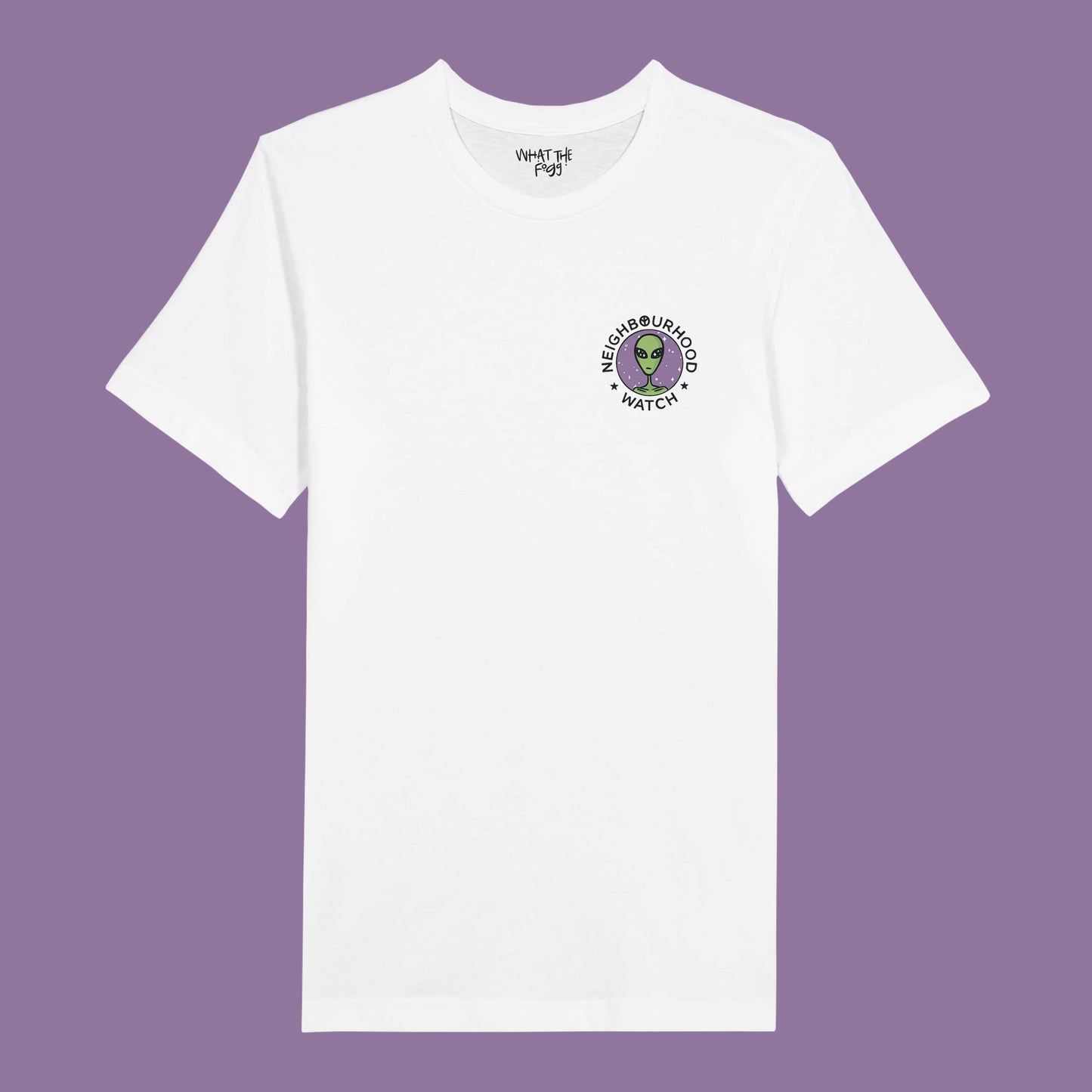 White t-shirt featuring a playful twist on the traditional Neighbourhood Watch poster. The front of the shirt displays a circular badge with a design of aliens instead of people. The badge is surrounded by the text 'Neighbourhood Watch' in a bold, eye-catching font.
