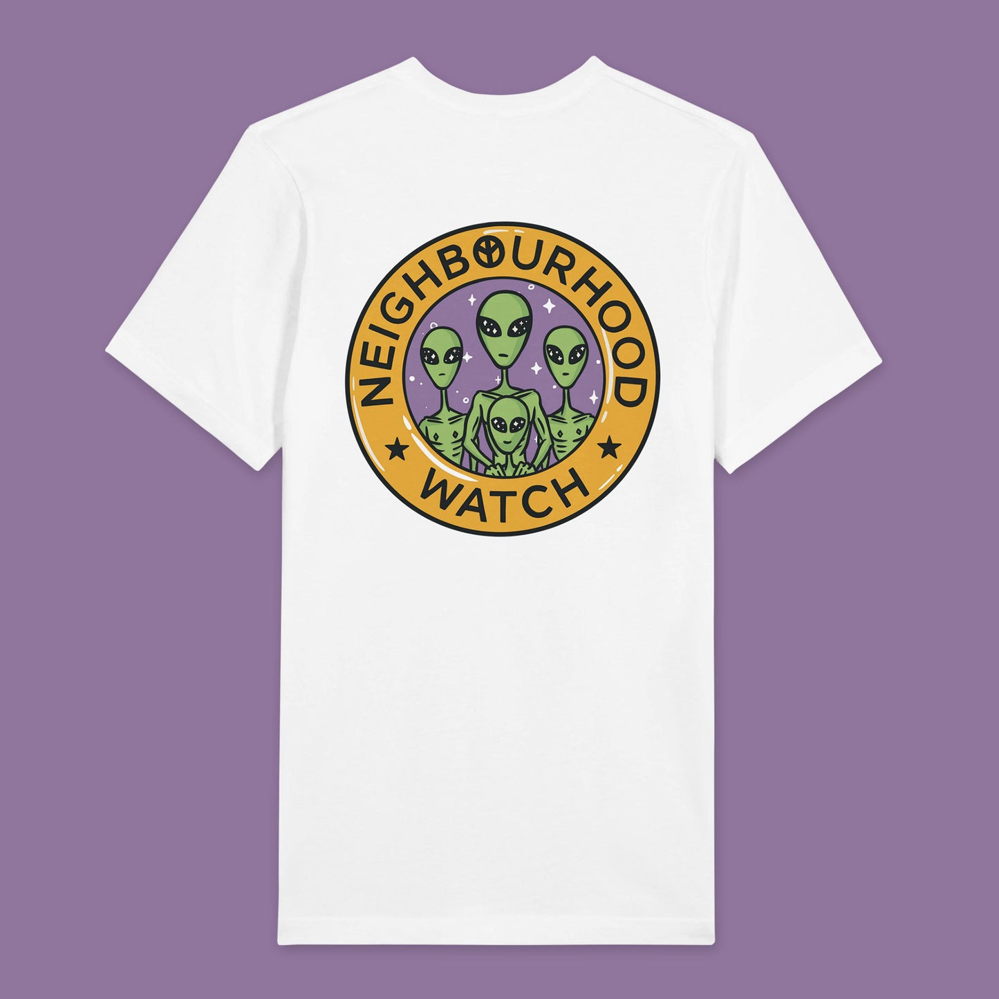 Back view of a White t-shirt featuring a playful twist on the traditional Neighbourhood Watch poster. The front of the shirt displays a circular badge with a design of aliens instead of people. The badge is surrounded by the text 'Neighbourhood Watch' in a bold, eye-catching font.