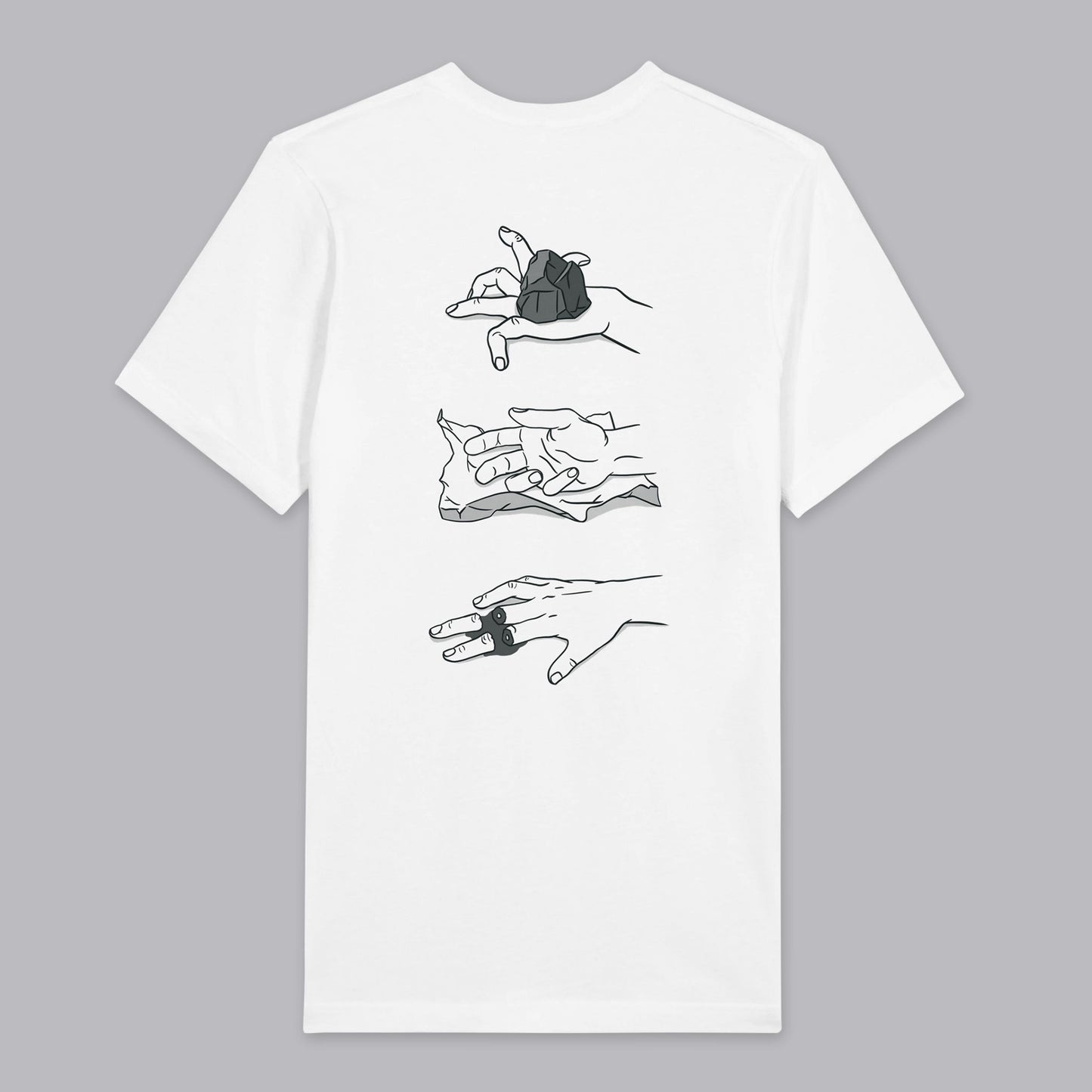 Back view of a white T-shirt featuring a quirky illustration of 'Rock, Paper, Scissors' hands printed on the back.