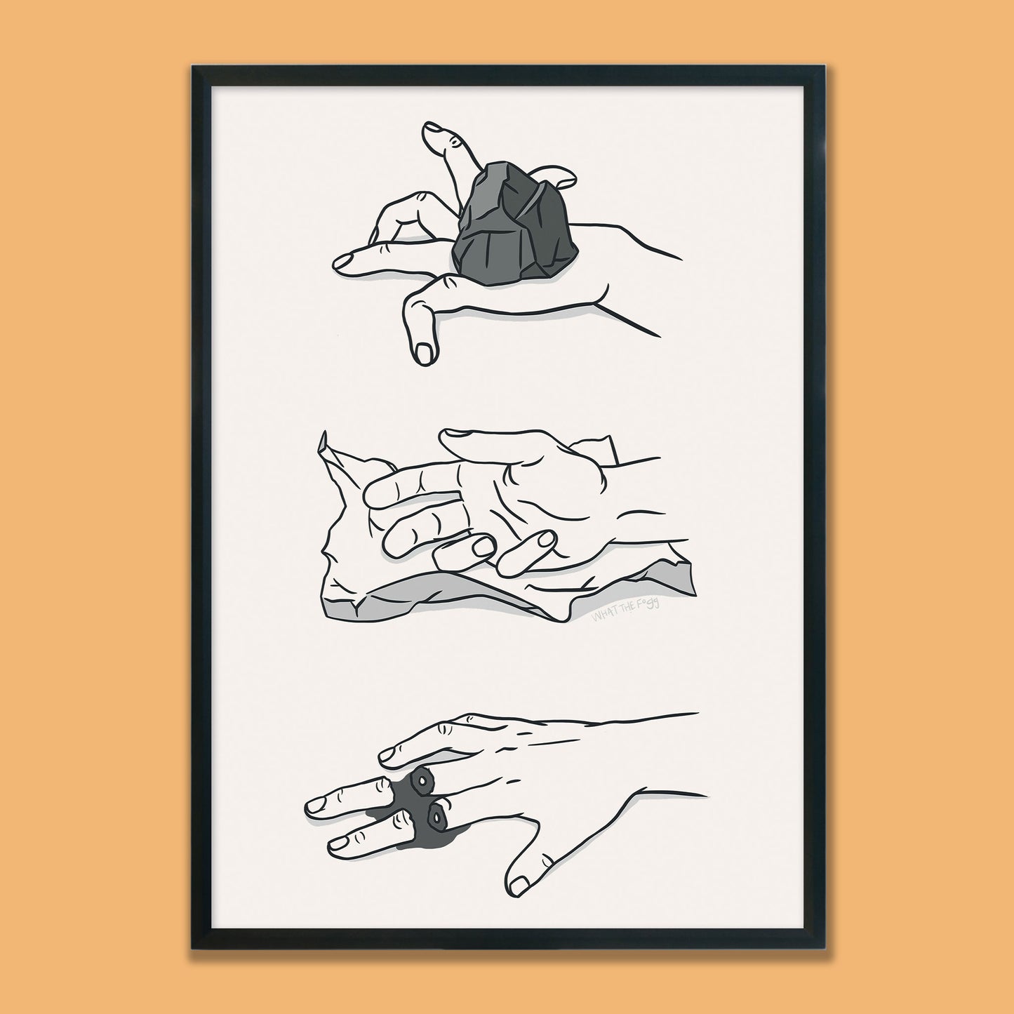 Poster featuring a quirky illustration of 'Rock, Paper, Scissors' hands.