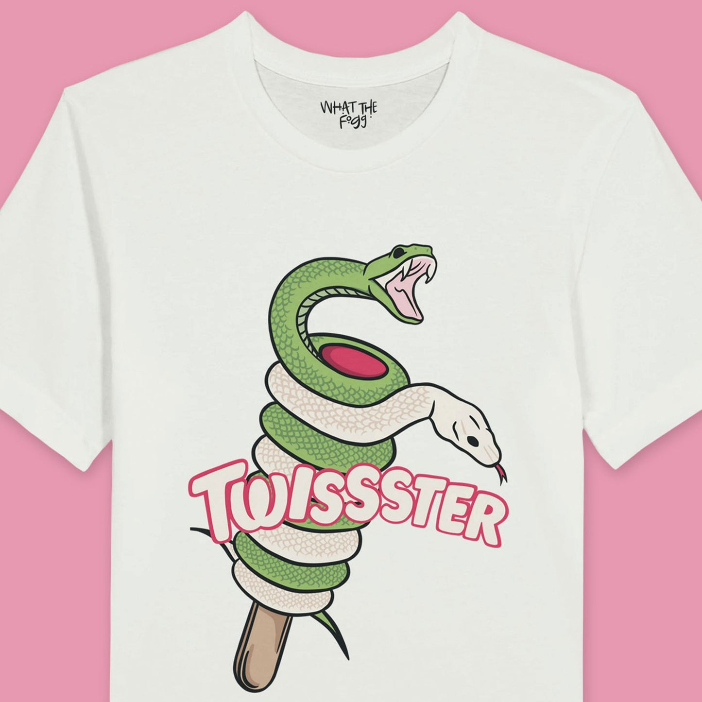 Close up of White T-shirt with a front print of a Twister ice cream cone where the ice cream is made of snakes, and 'Twister' is written above the design.