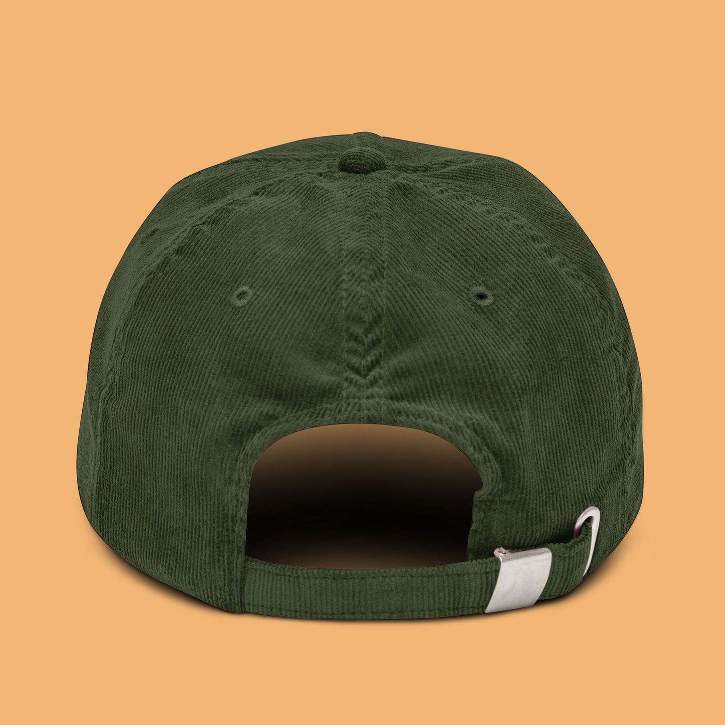 Back-angle view of a dark olive-coloured corduroy hat with 'Weird Times' printed in white on the front.