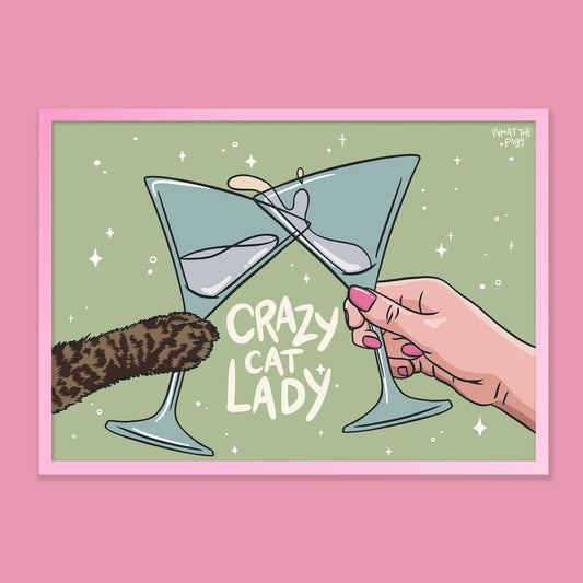 Hand drawn illustration of a woman's hand cheer'sing with a cat paw with the words crazy cat lady underneath