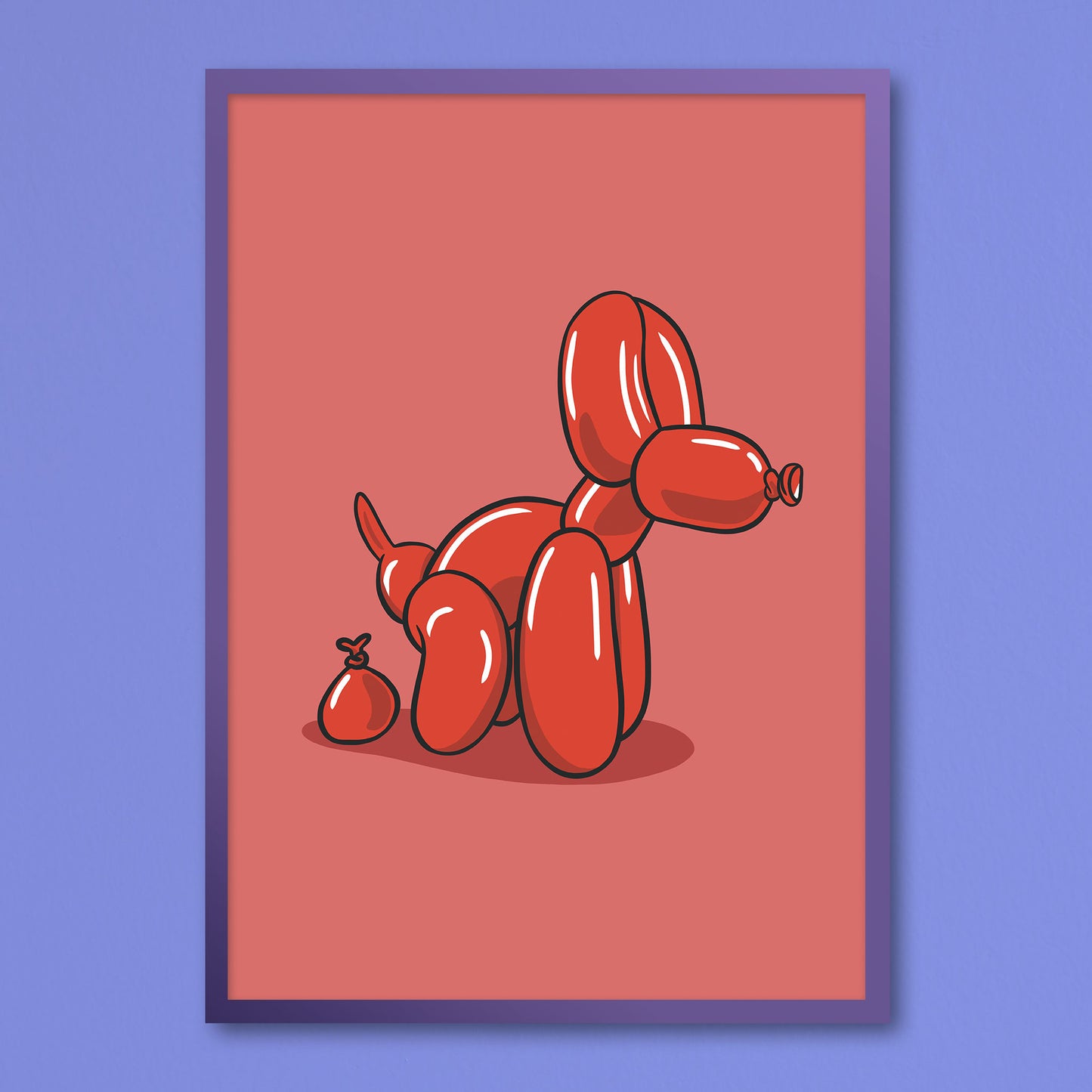 Poster featuring a humorous illustration of a balloon dog in the center of the front. The balloon dog is depicted as pooping out a smaller balloon shaped like poop.