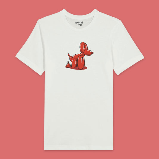 White t-shirt featuring a humorous illustration of a balloon dog in the center of the front. The balloon dog is depicted as pooping out a smaller balloon shaped like poop.