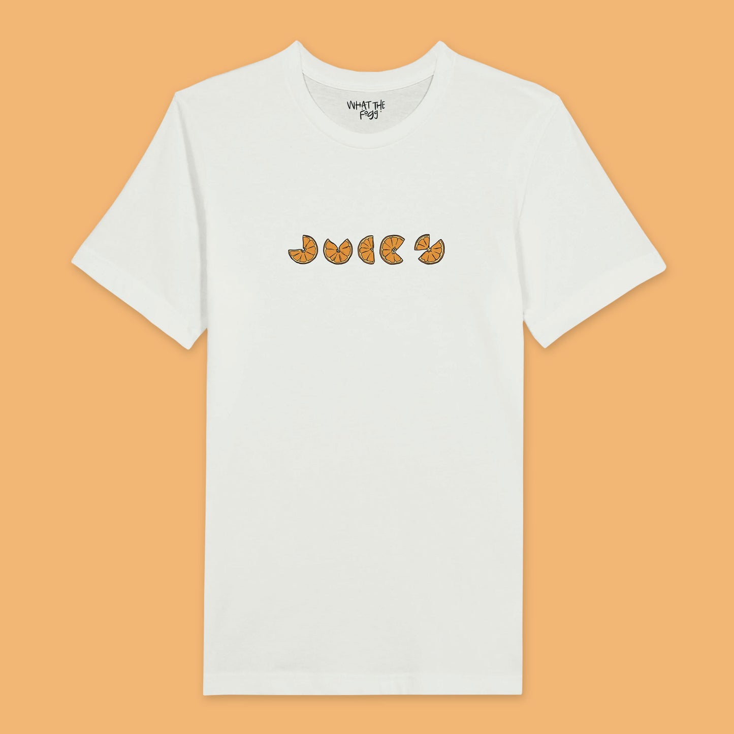 White t-shirt with the word 'Juicy' written in oranges, centred on the front. 