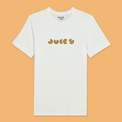 White t-shirt with the word 'Juicy' written in oranges, centred on the front. 