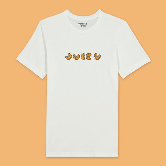 White t-shirt with the word 'Juicy' written in oranges, centred on the front. 