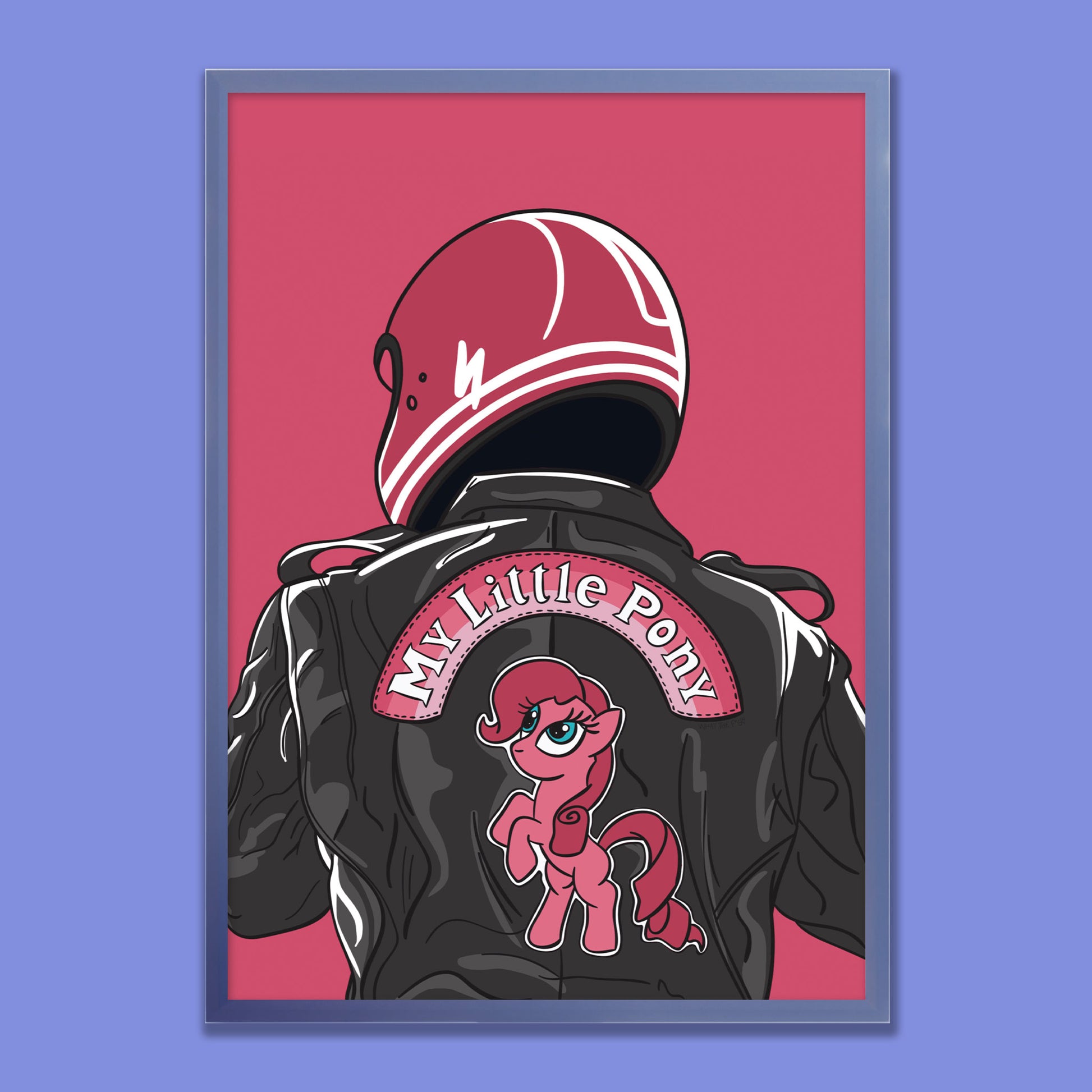 Poster showing the back view of a biker wearing a pink helmet and a black leather jacket. The jacket has the text 'My Little Pony' prominently displayed on it.