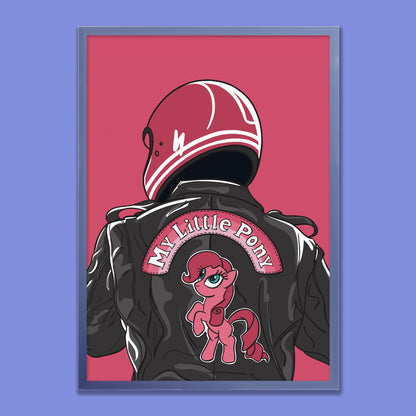 Poster showing the back view of a biker wearing a pink helmet and a black leather jacket. The jacket has the text 'My Little Pony' prominently displayed on it.