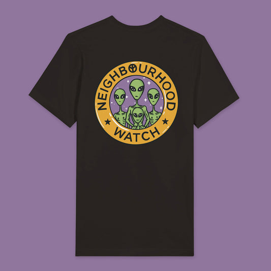 Back view of a Black t-shirt featuring a playful twist on the traditional Neighbourhood Watch poster. The front of the shirt displays a circular badge with a design of aliens instead of people. The badge is surrounded by the text 'Neighbourhood Watch' in a bold, eye-catching font.