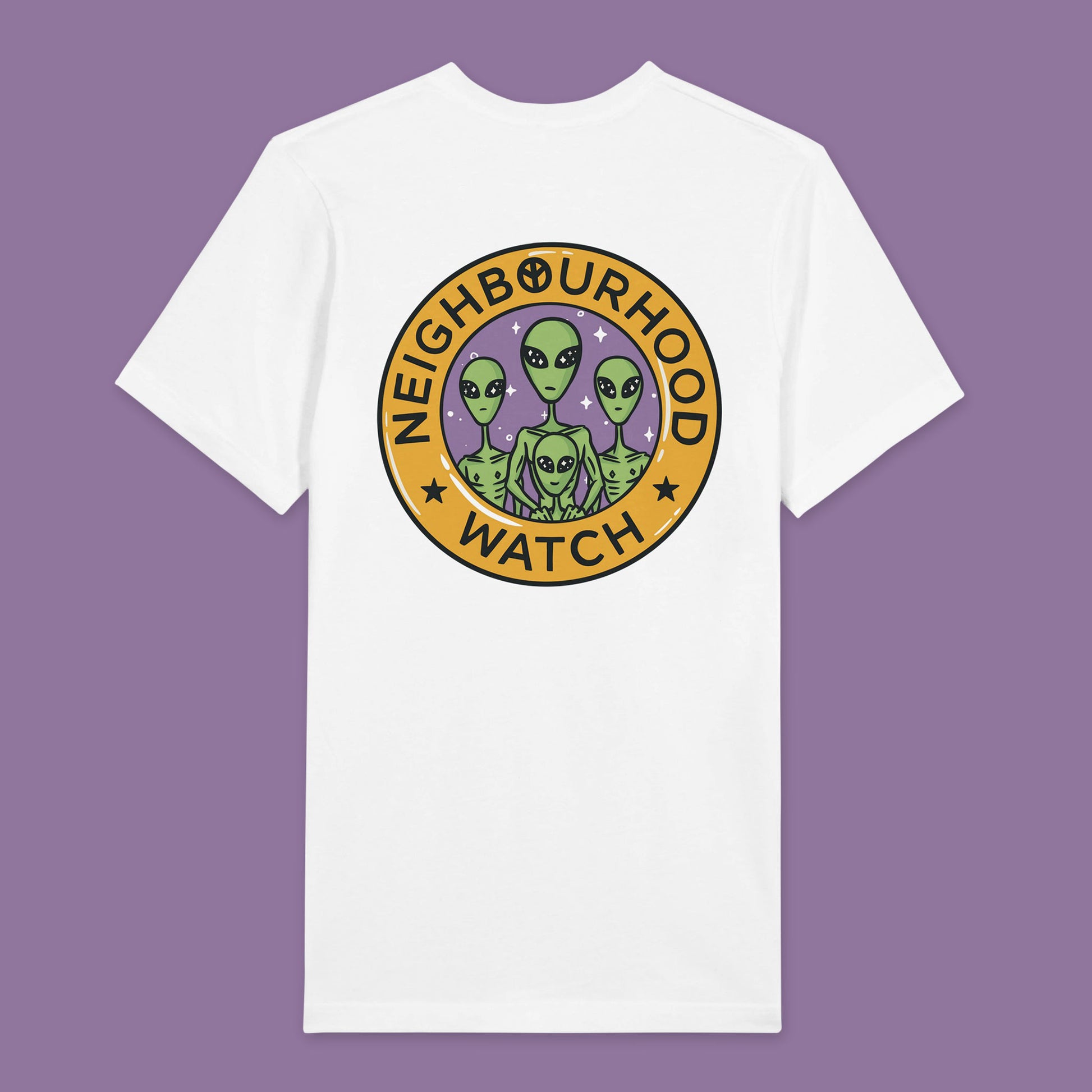 Back view of a White t-shirt featuring a playful twist on the traditional Neighbourhood Watch poster. The front of the shirt displays a circular badge with a design of aliens instead of people. The badge is surrounded by the text 'Neighbourhood Watch' in a bold, eye-catching font.