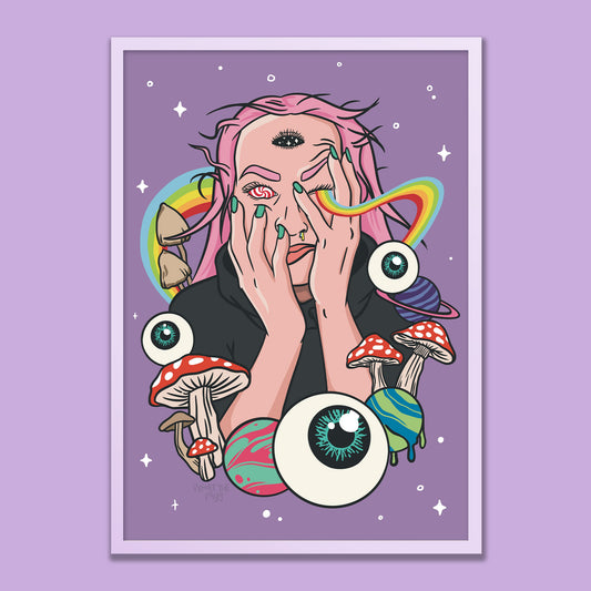 Illustration of a person with pink hair and colorful elements on a purple background