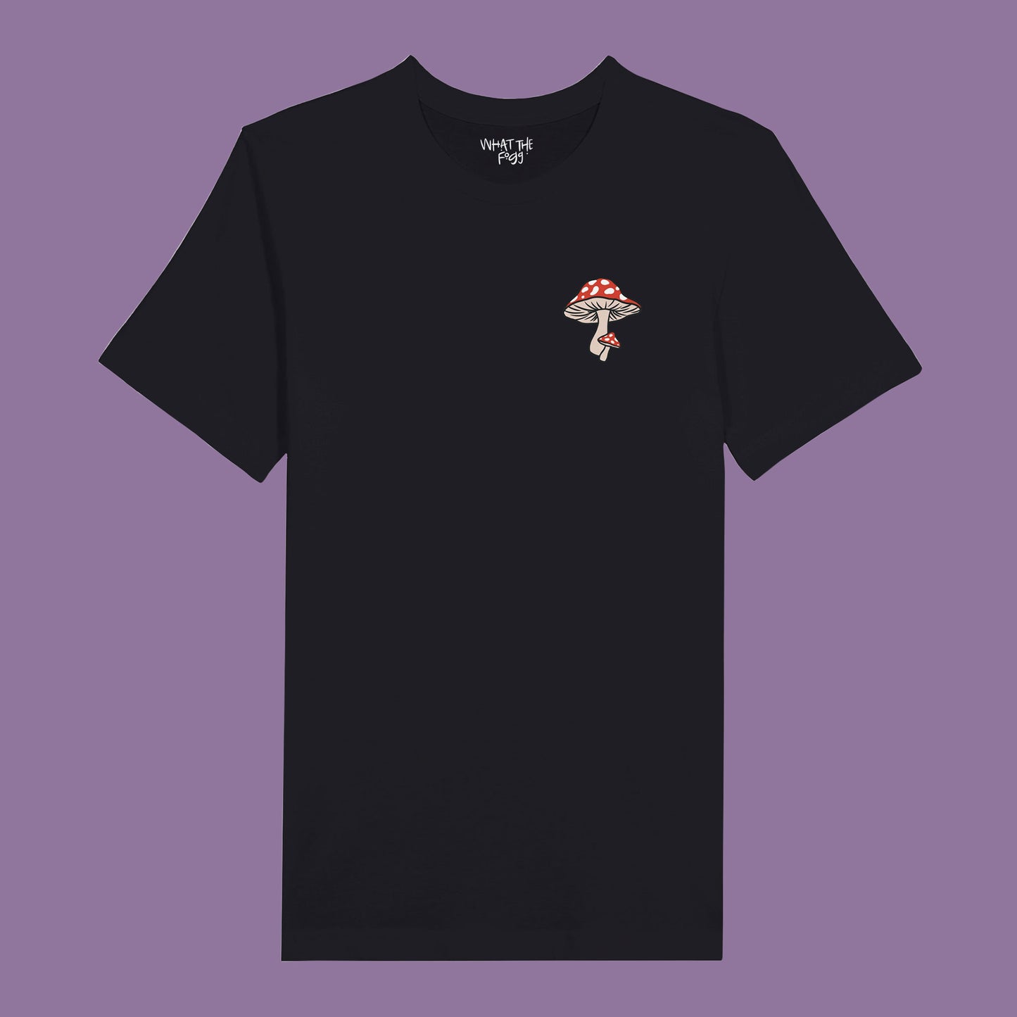 White T-shirt with red mushroom printed in front left chest area.