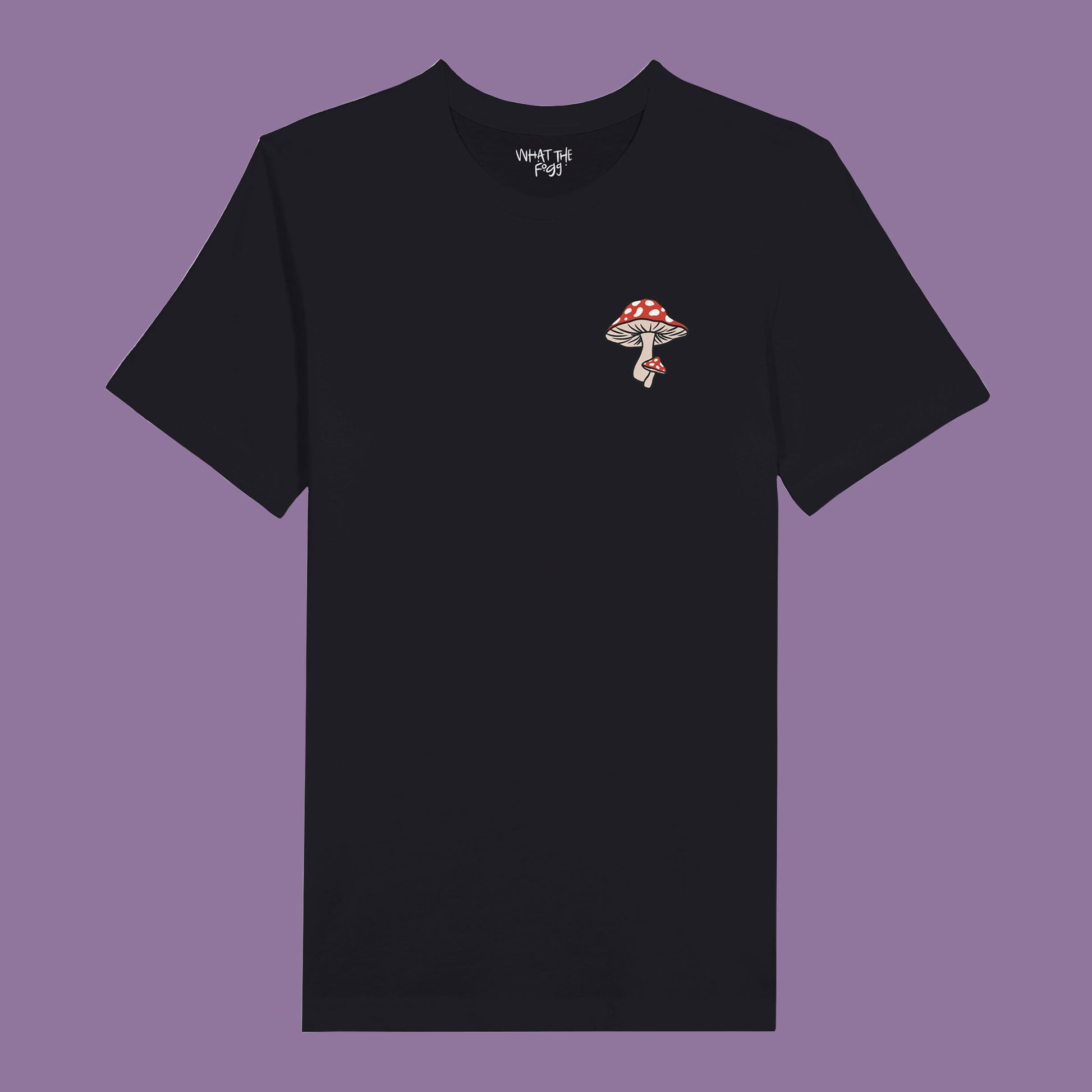 White T-shirt with red mushroom printed in front left chest area.