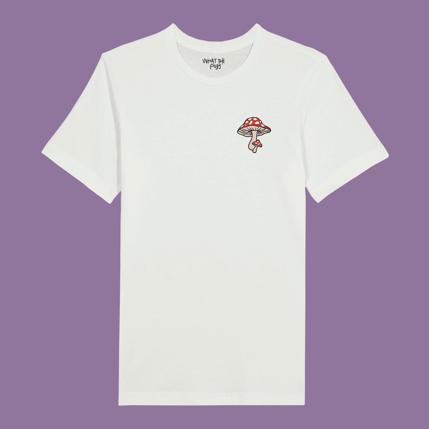White T-shirt with red mushroom printed in front left chest area.