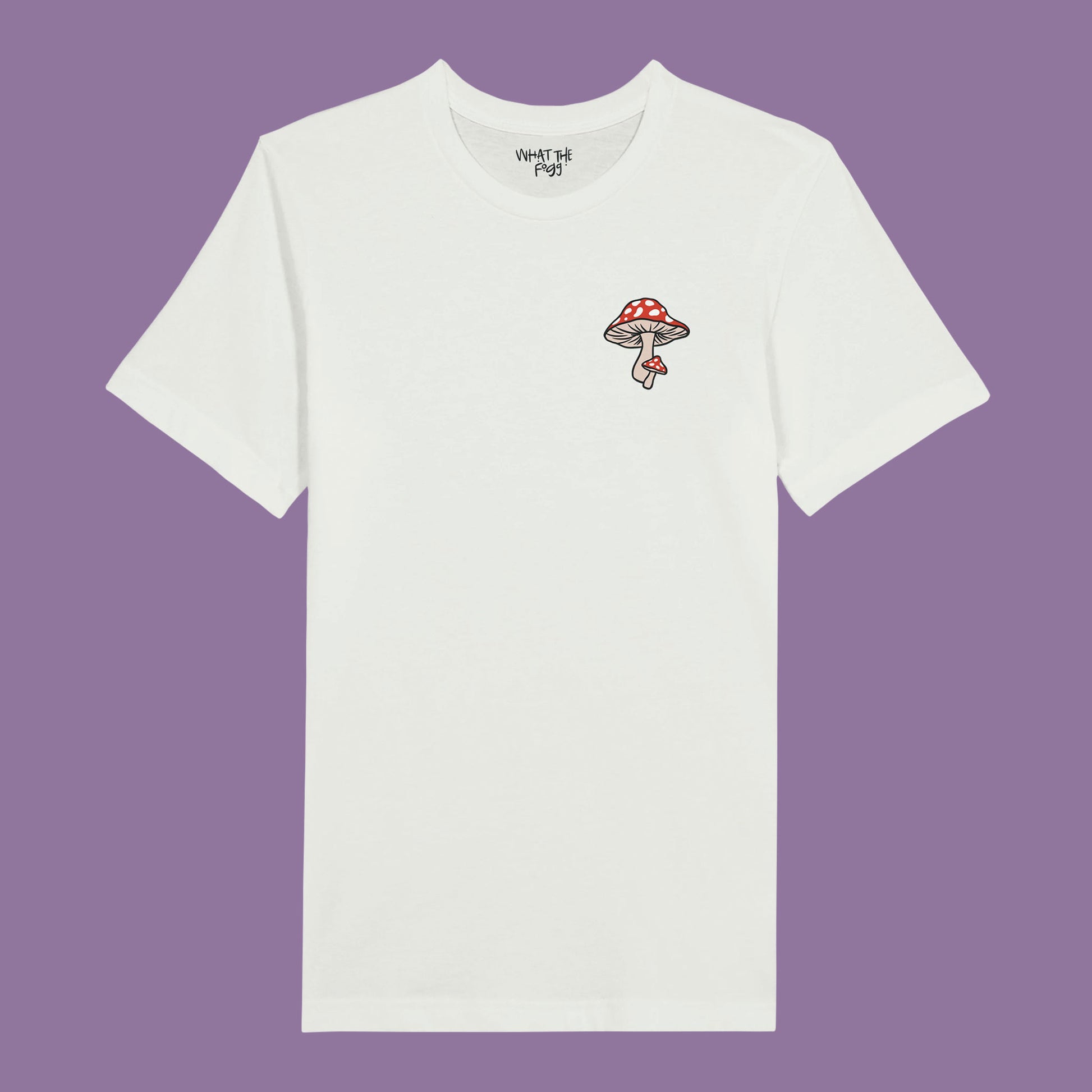 White T-shirt with red mushroom printed in front left chest area.