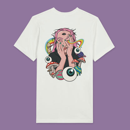 Back view of a white T-shirt featuring a psychedelic illustration of a trippy person with a third eye, with a rainbow emanating from the eye. The design is surrounded by planets, eyeballs, and mushrooms.