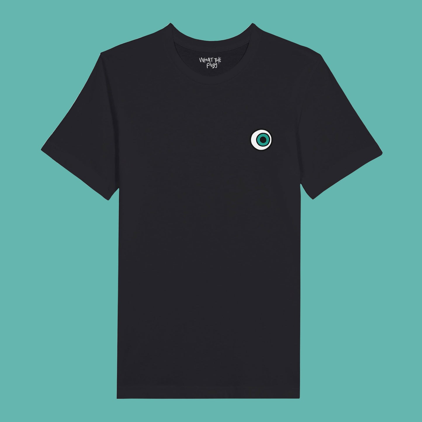 Black T-shirt with Eyeball printed on left chest of front.