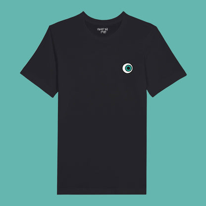 Black T-shirt with Eyeball printed on left chest of front.