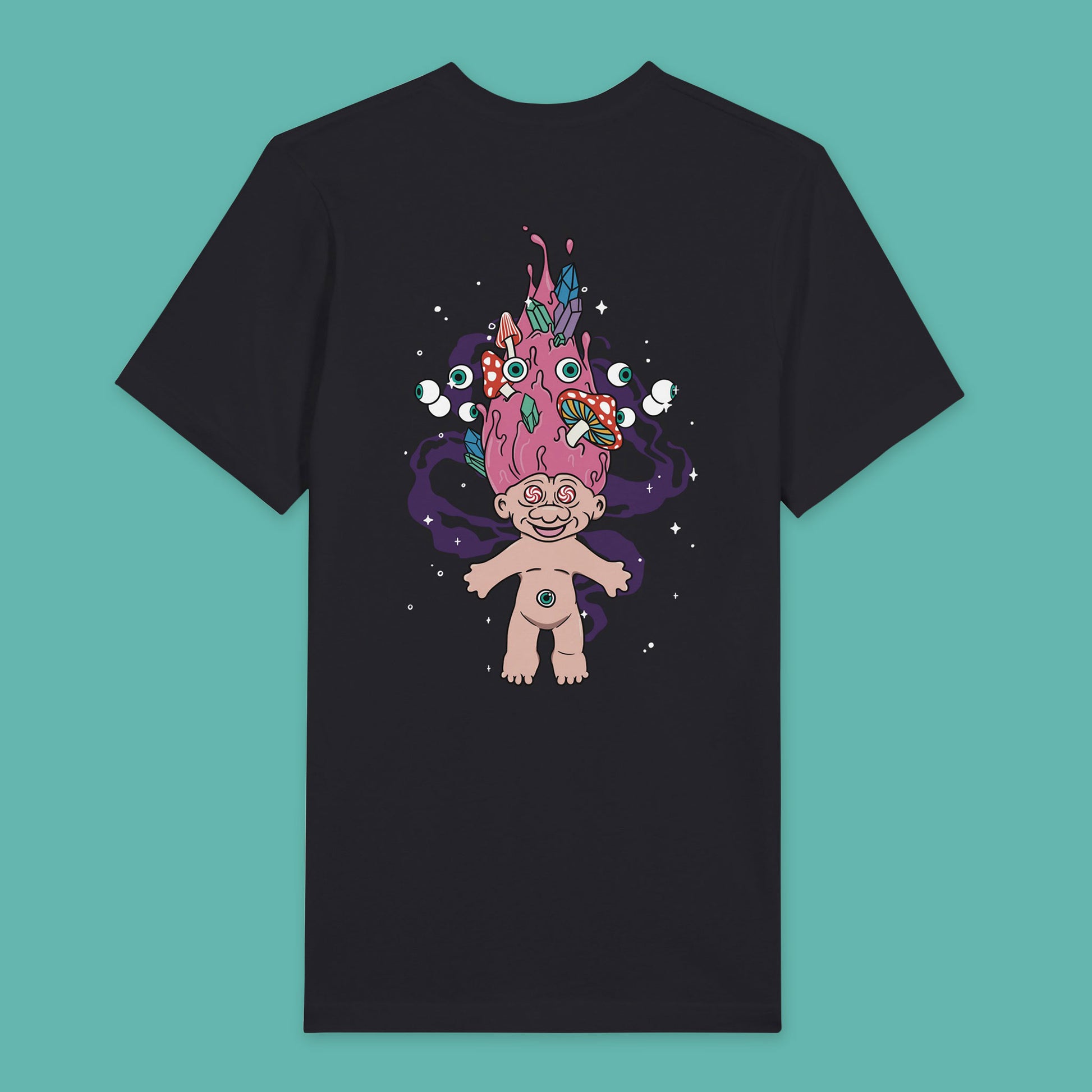 Back view of a black T-shirt with a psychedelic illustration featuring a vintage troll with pink hair floating among stars, with eyes circling his hair. His hair also has crystals and mushrooms growing from it.