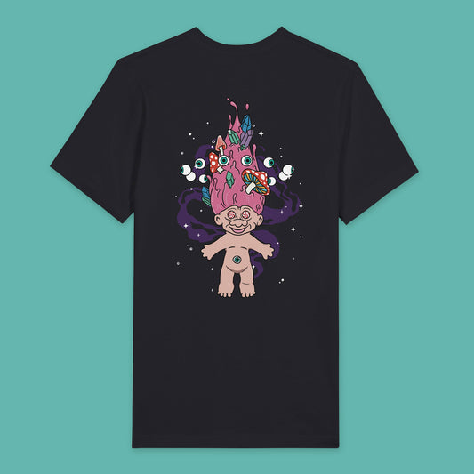 Back view of a black T-shirt with a psychedelic illustration featuring a vintage troll with pink hair floating among stars, with eyes circling his hair. His hair also has crystals and mushrooms growing from it.