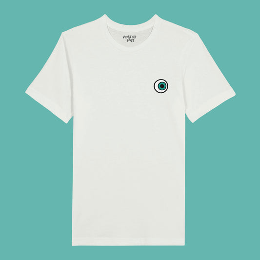 White T-shirt with Eyeball printed on left chest of front.