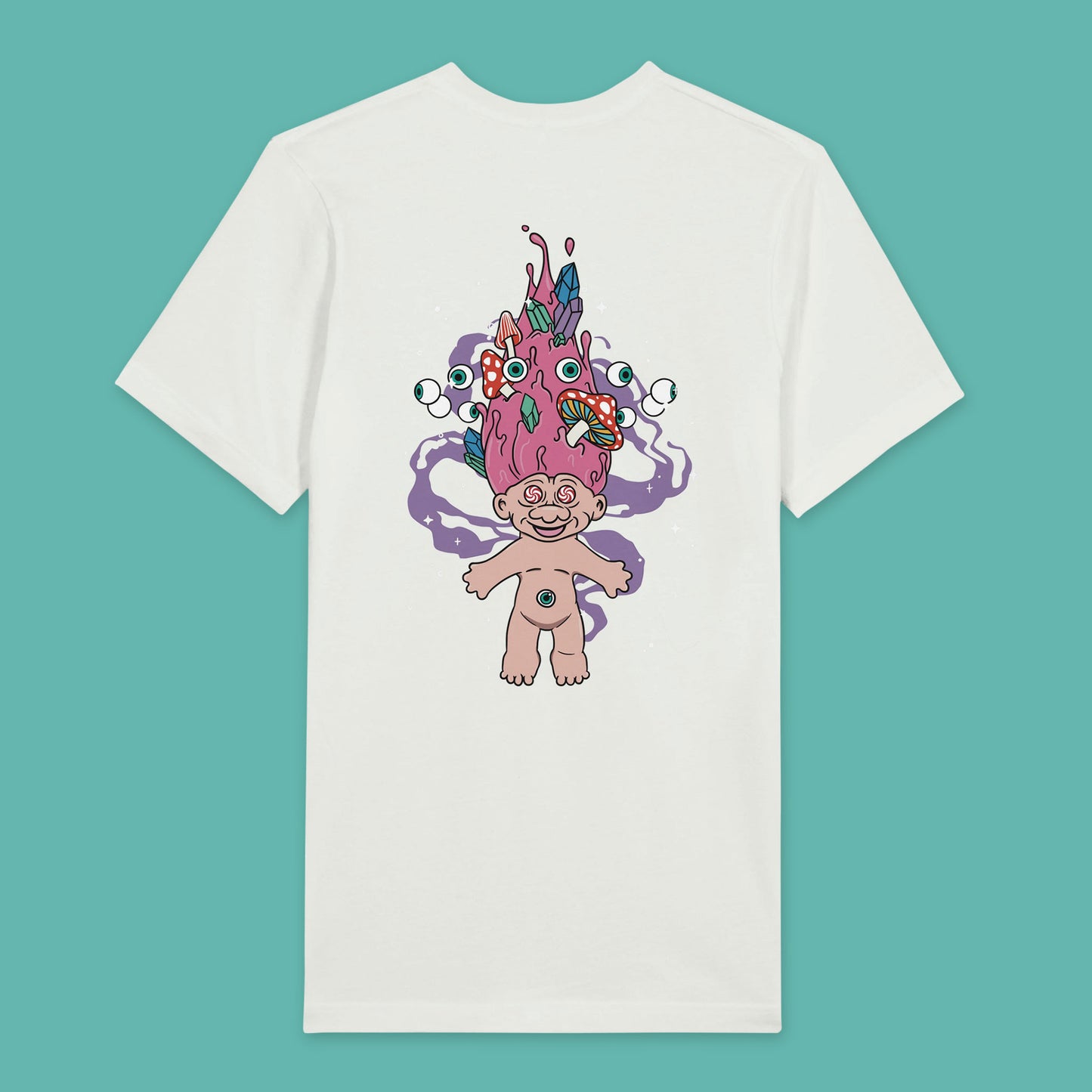 Back view of a white T-shirt with a psychedelic illustration featuring a vintage troll with pink hair floating among stars, with eyes circling his hair. His hair also has crystals and mushrooms growing from it.