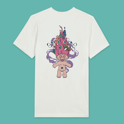 Back view of a white T-shirt with a psychedelic illustration featuring a vintage troll with pink hair floating among stars, with eyes circling his hair. His hair also has crystals and mushrooms growing from it.