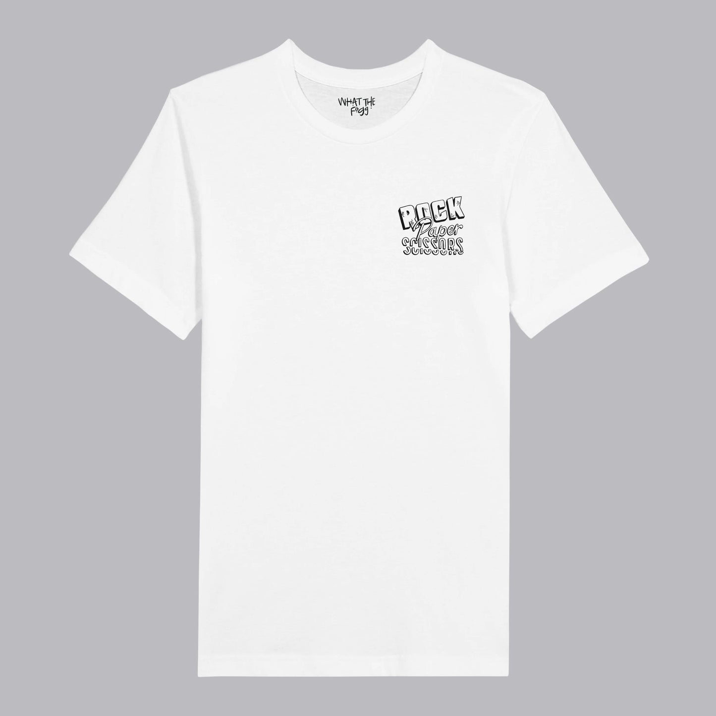 White T-shirt with 'Rock, Paper, Scissors' printed in black on the left chest area