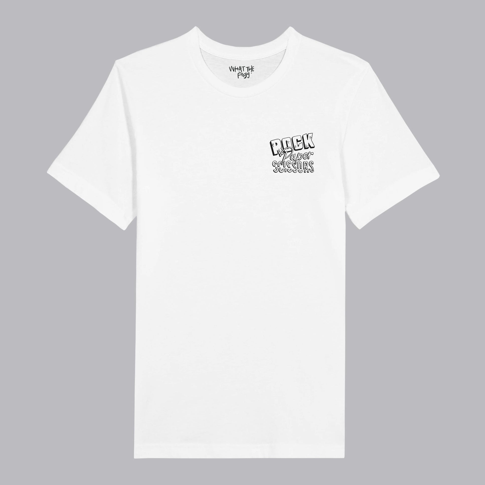 White T-shirt with 'Rock, Paper, Scissors' printed in black on the left chest area
