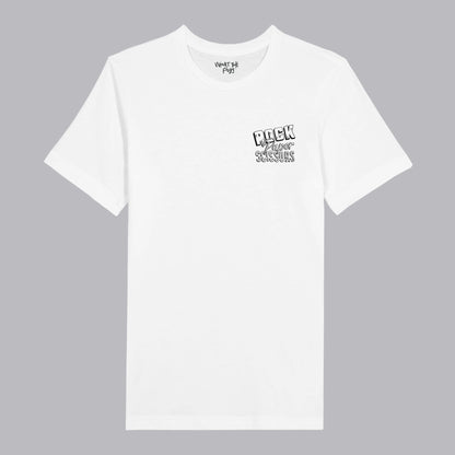 White T-shirt with 'Rock, Paper, Scissors' printed in black on the left chest area