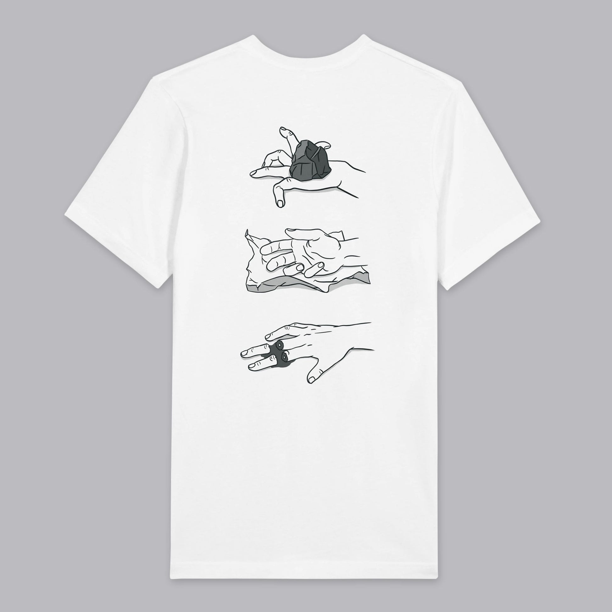 Back view of a white T-shirt featuring a quirky illustration of 'Rock, Paper, Scissors' hands printed on the back.