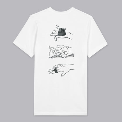 Back view of a white T-shirt featuring a quirky illustration of 'Rock, Paper, Scissors' hands printed on the back.