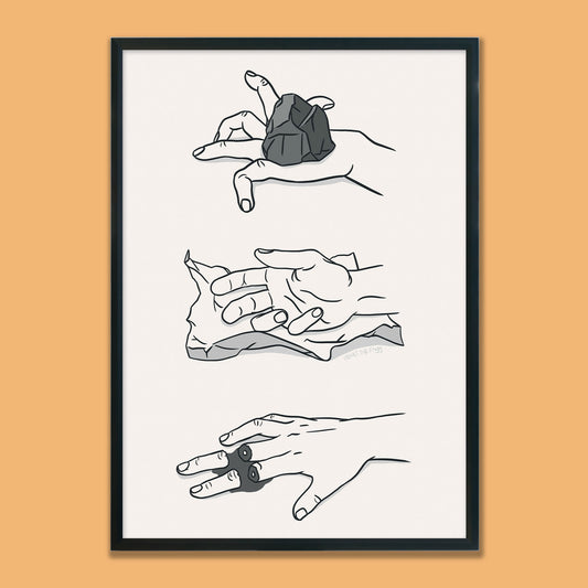 Poster featuring a quirky illustration of 'Rock, Paper, Scissors' hands.