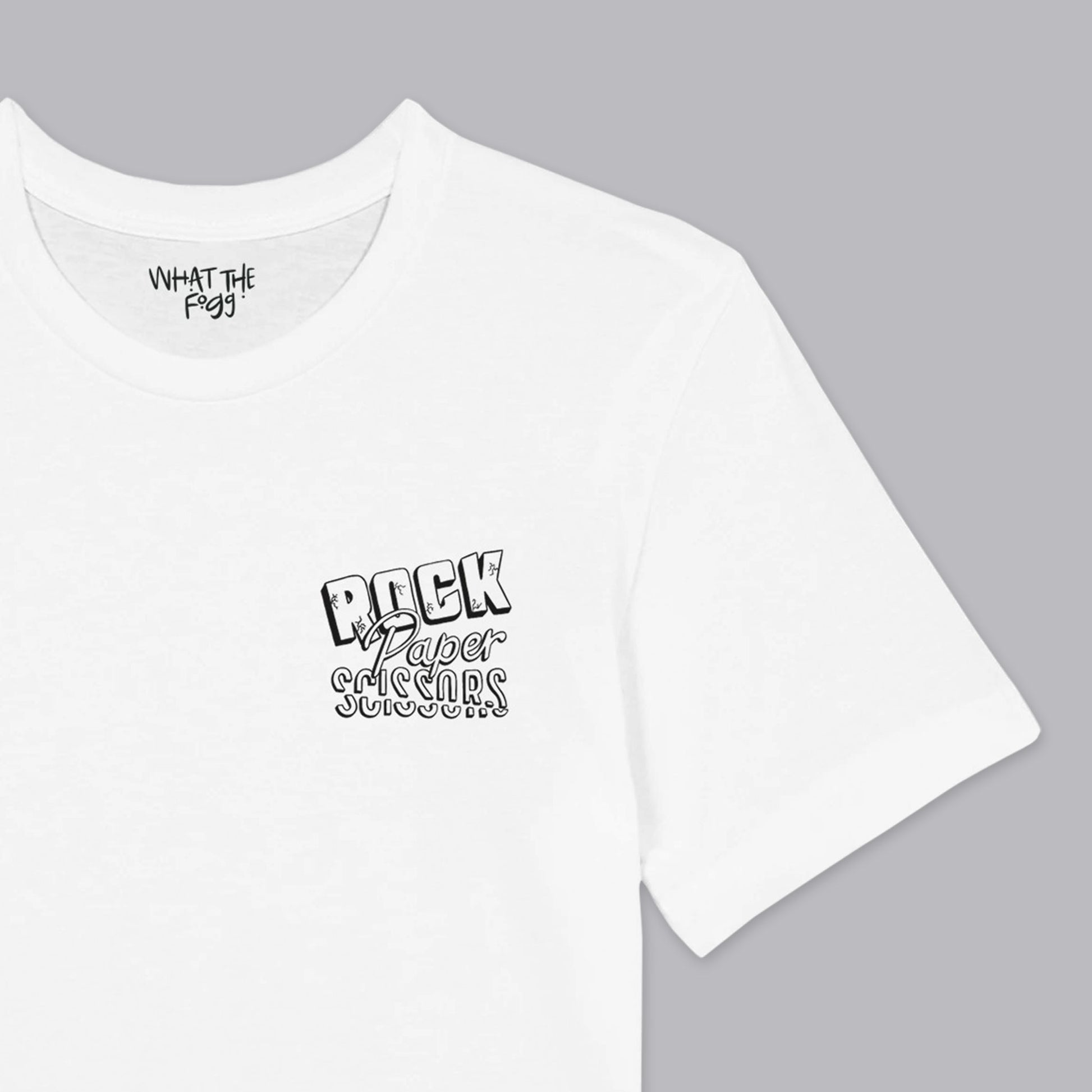 Close up of White T-shirt with 'Rock, Paper, Scissors' printed in black on the left chest area
