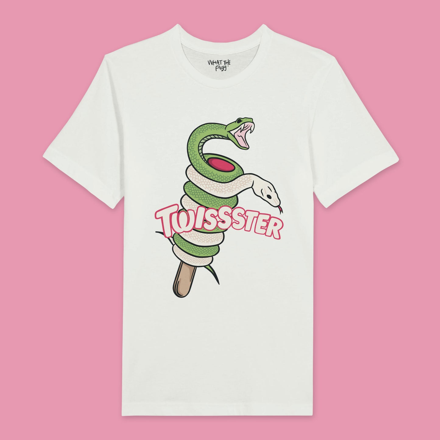 White T-shirt with a front print of a Twister ice cream cone where the ice cream is made of snakes, and 'Twister' is written above the design.