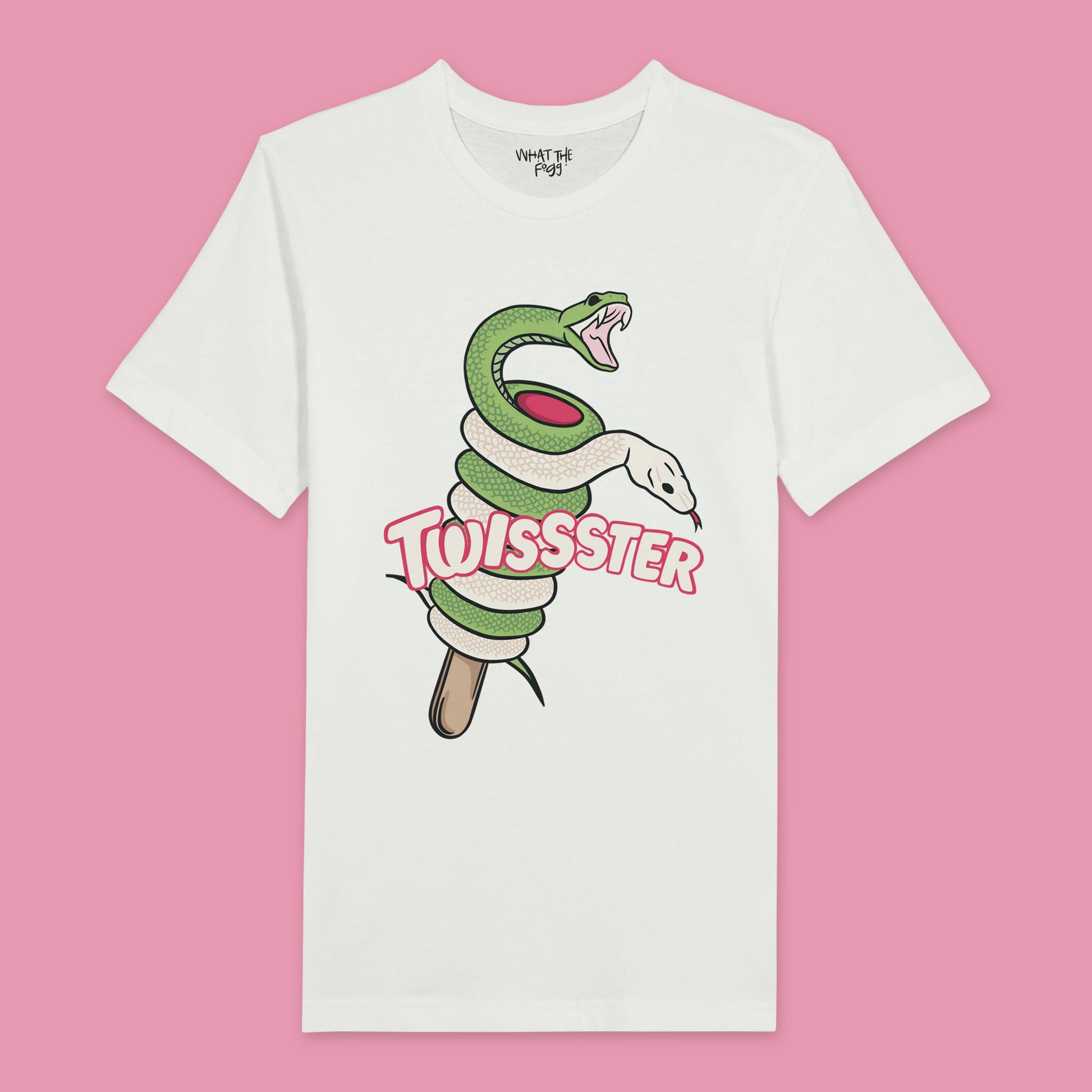 White T-shirt with a front print of a Twister ice cream cone where the ice cream is made of snakes, and 'Twister' is written above the design.