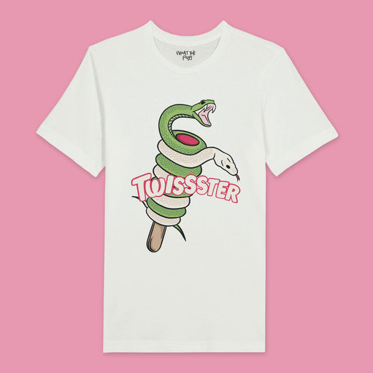 White T-shirt with a front print of a Twister ice cream cone where the ice cream is made of snakes, and 'Twister' is written above the design.