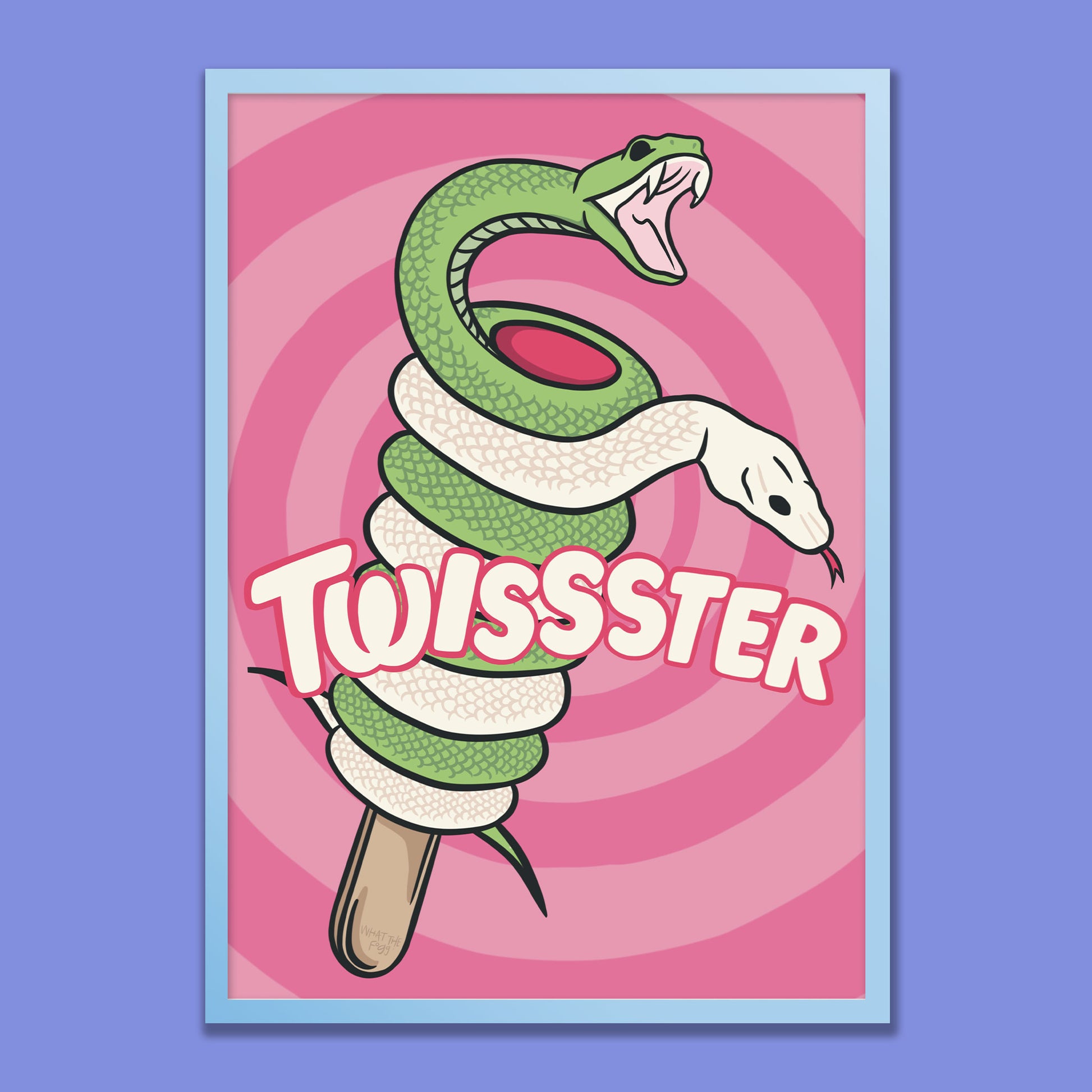Poster with a snake-shaped ice cream cone and 'TWISSSTER' text on a pink and purple spiral background.