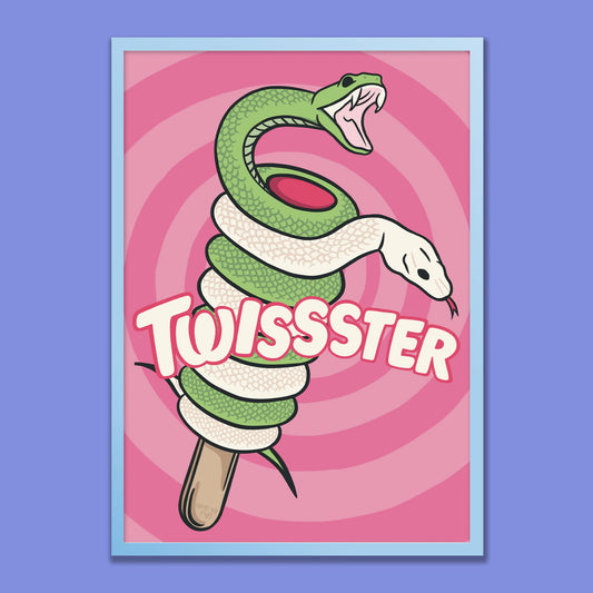 Poster with a snake-shaped ice cream cone and 'TWISSSTER' text on a pink and purple spiral background.