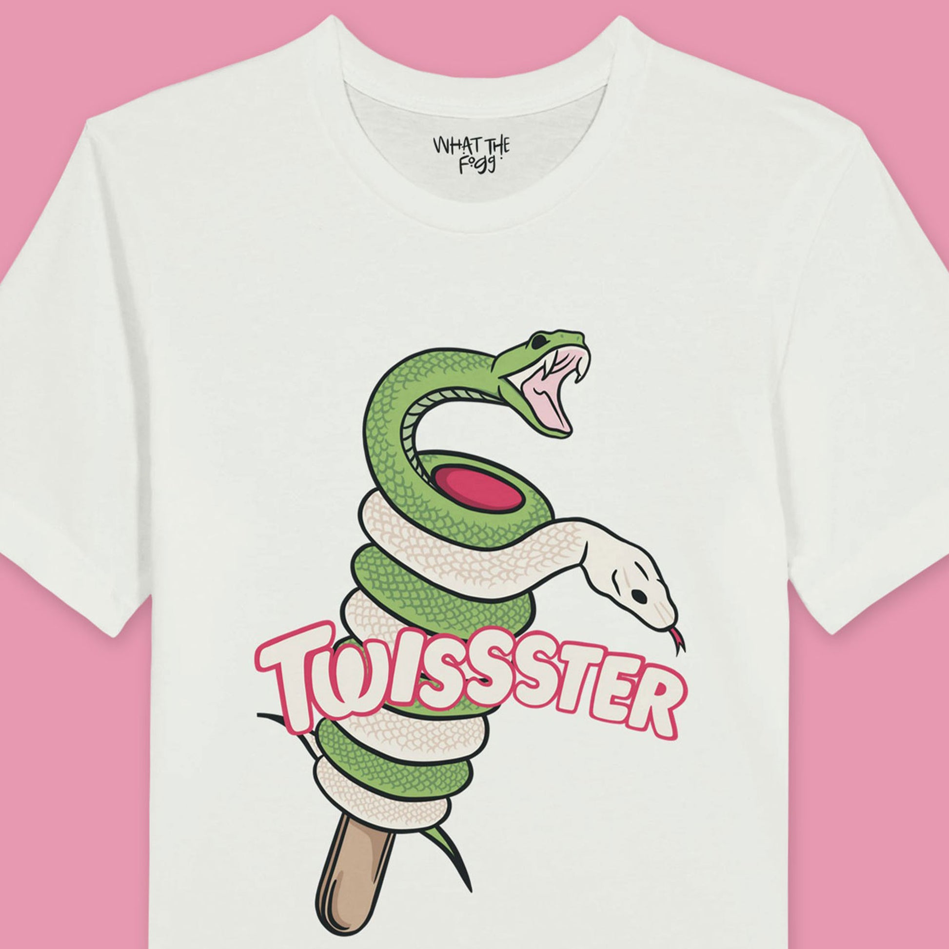 Close up of White T-shirt with a front print of a Twister ice cream cone where the ice cream is made of snakes, and 'Twister' is written above the design.