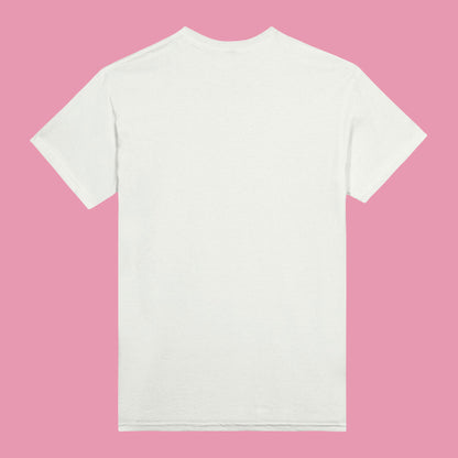 Back view of a white T-shirt with no print.